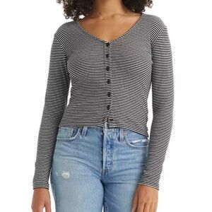 Levi's Black and White Striped V-Neck Button Long Sleeve Top